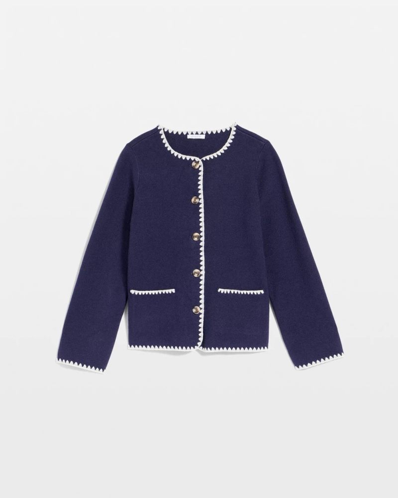 Chicos Blanket Stitch Crewneck Cardigan - PASSPORT BLUE