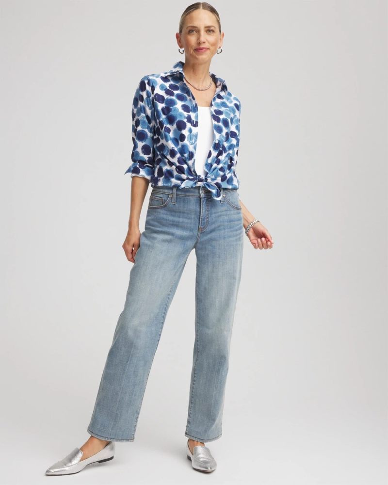 Chicos No Iron Printed Sateen Shirt - PASSPORT BLUE