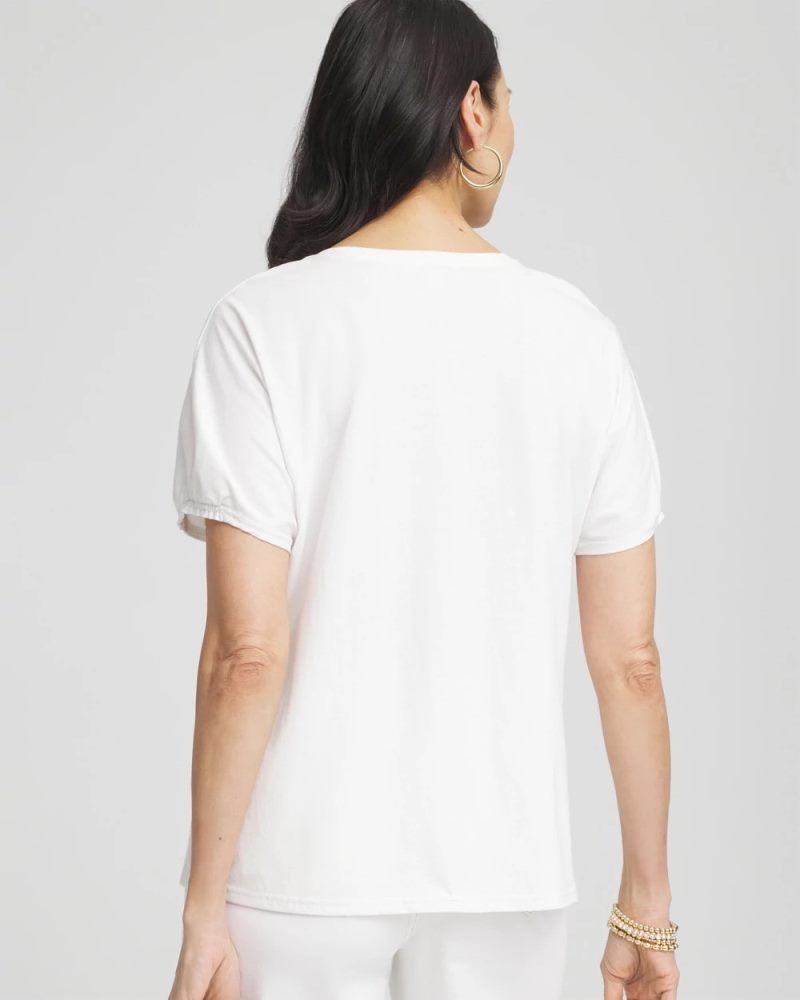 Chicos Artisanal Embroidered Short Sleeve Tee - ALABASTER