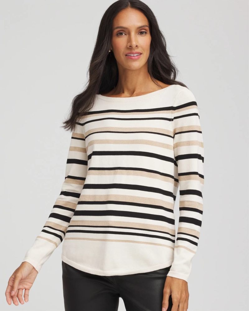 Chicos Ella Stripe Boatneck Sweater - ENGLISH CREAM
