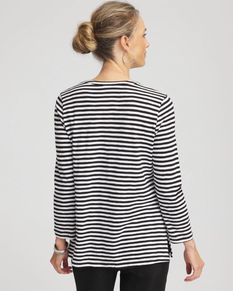 Chicos Striped Slub Splitneck Henley Tee - BLACK