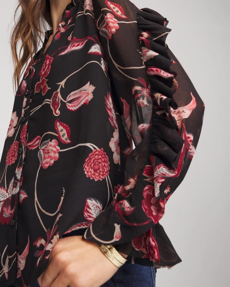 Chicos Georgette Celtic Blooms Blouse - BLACK