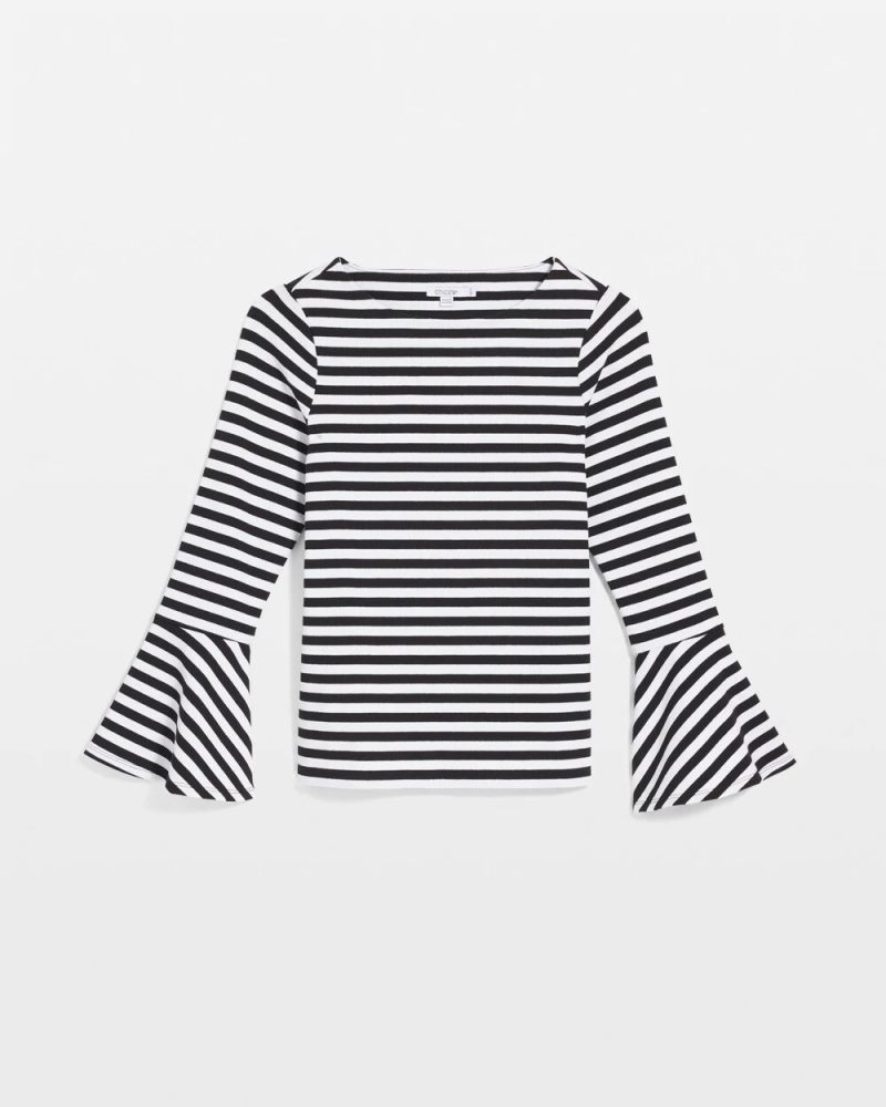 Chicos Striped Rib Knit Bell Sleeve Top - BLACK
