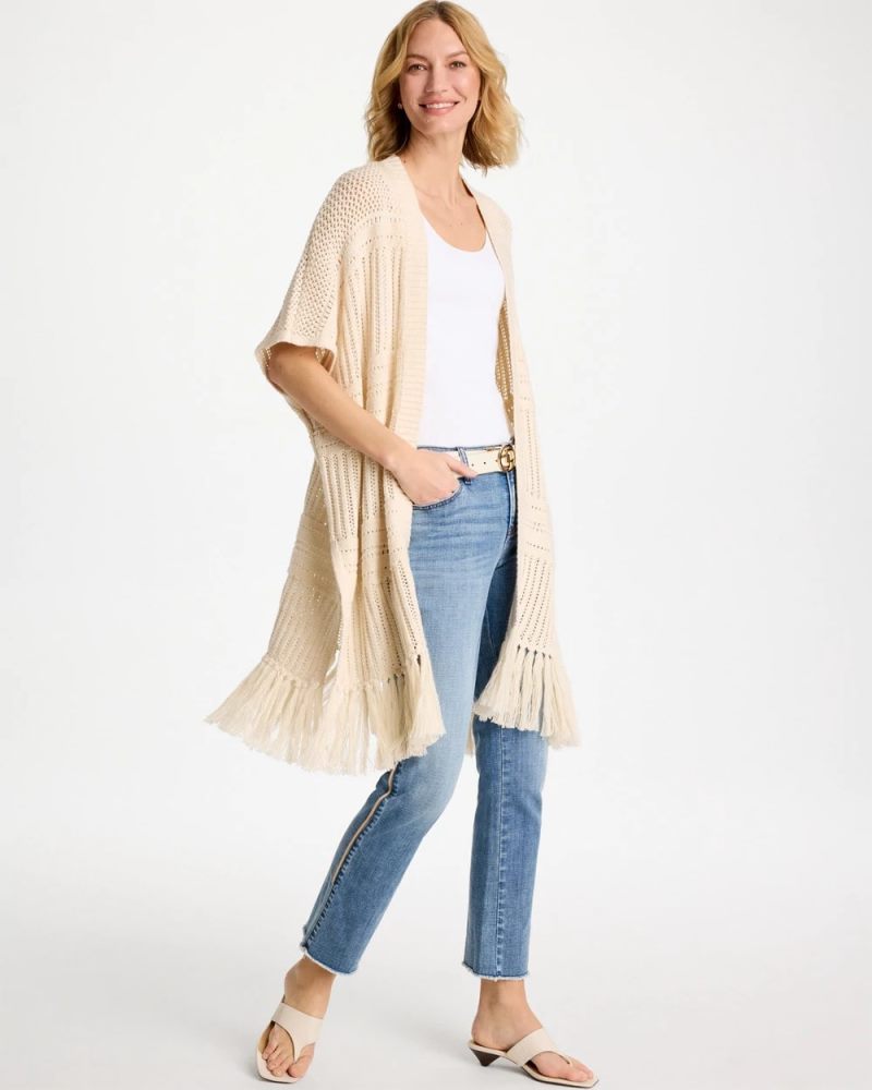 Chicos Long Knit Fringe Ruana - CREAM