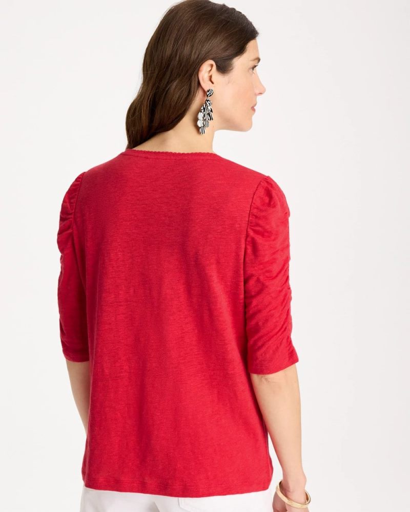 Chicos Linen Ruched Sleeve Tee - CHERRY LUSH