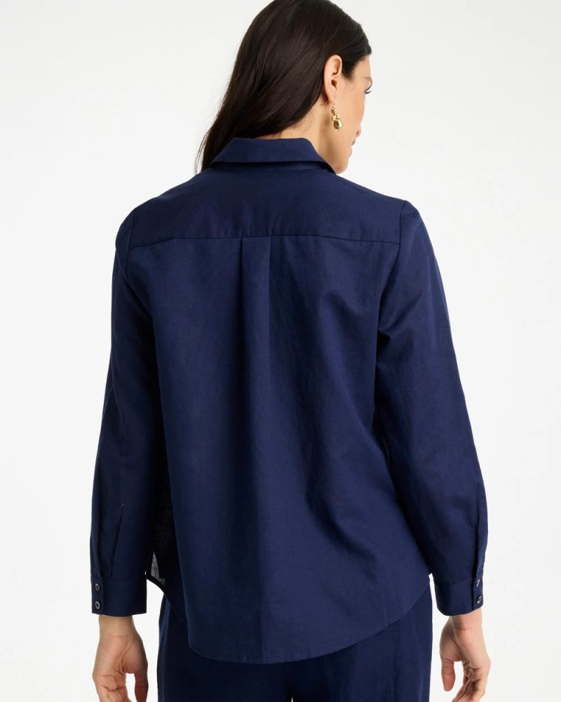 Chicos Linen Flower Embellished Blouse - PASSPORT BLUE