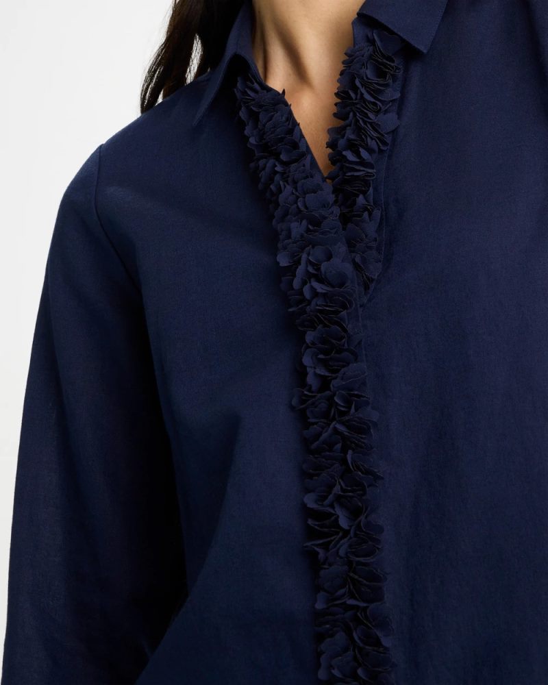 Chicos Linen Flower Embellished Blouse - PASSPORT BLUE