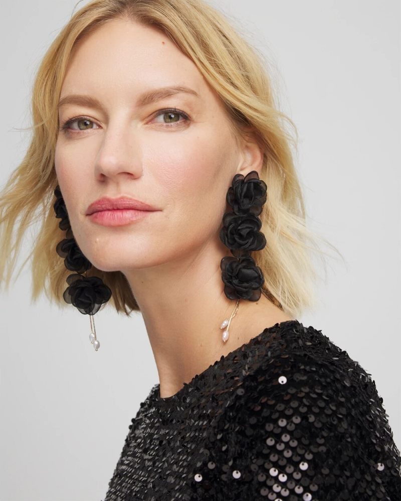 Chicos Black Floral Linear Drop Earrings - BLACK
