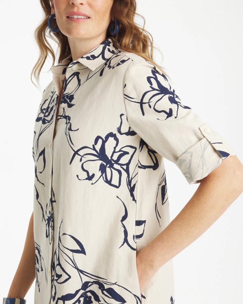 Chicos Printed Linen-Cotton Shirtdress - PASSPORT BLUE