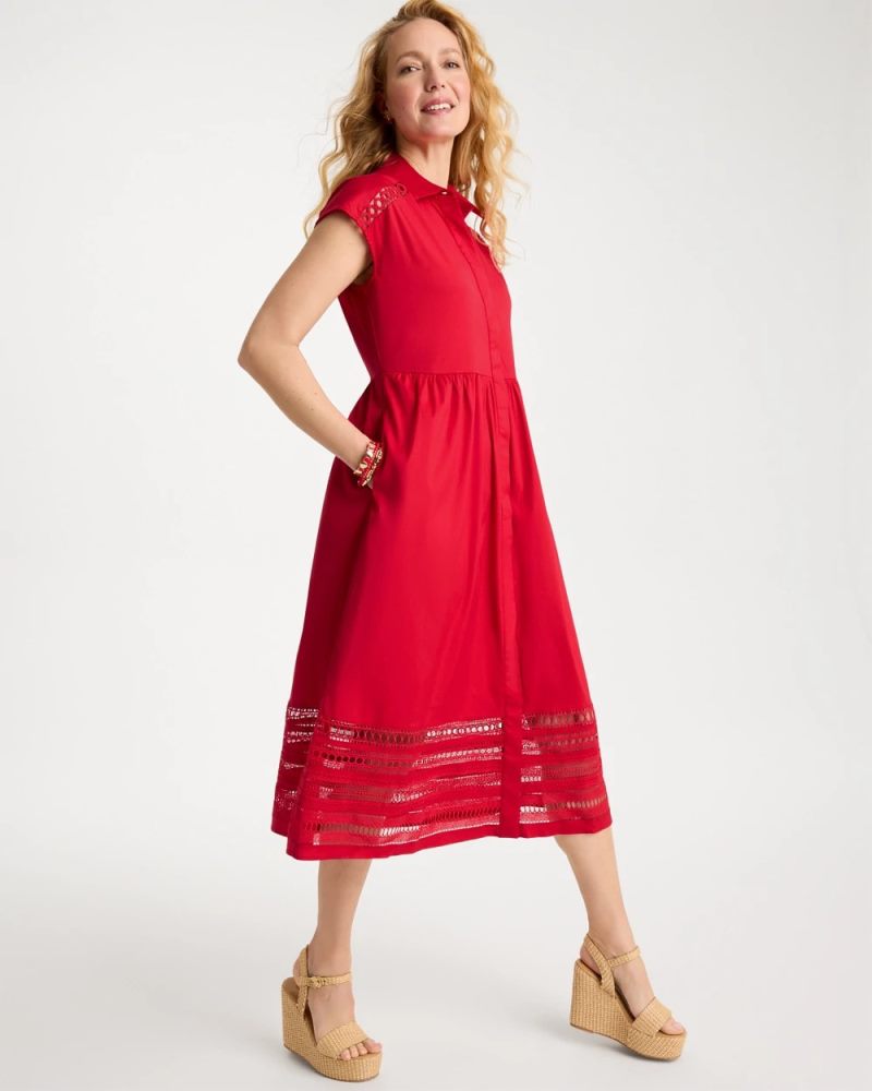 Chicos Lace Trim Midi Shirtdress - CHERRY LUSH