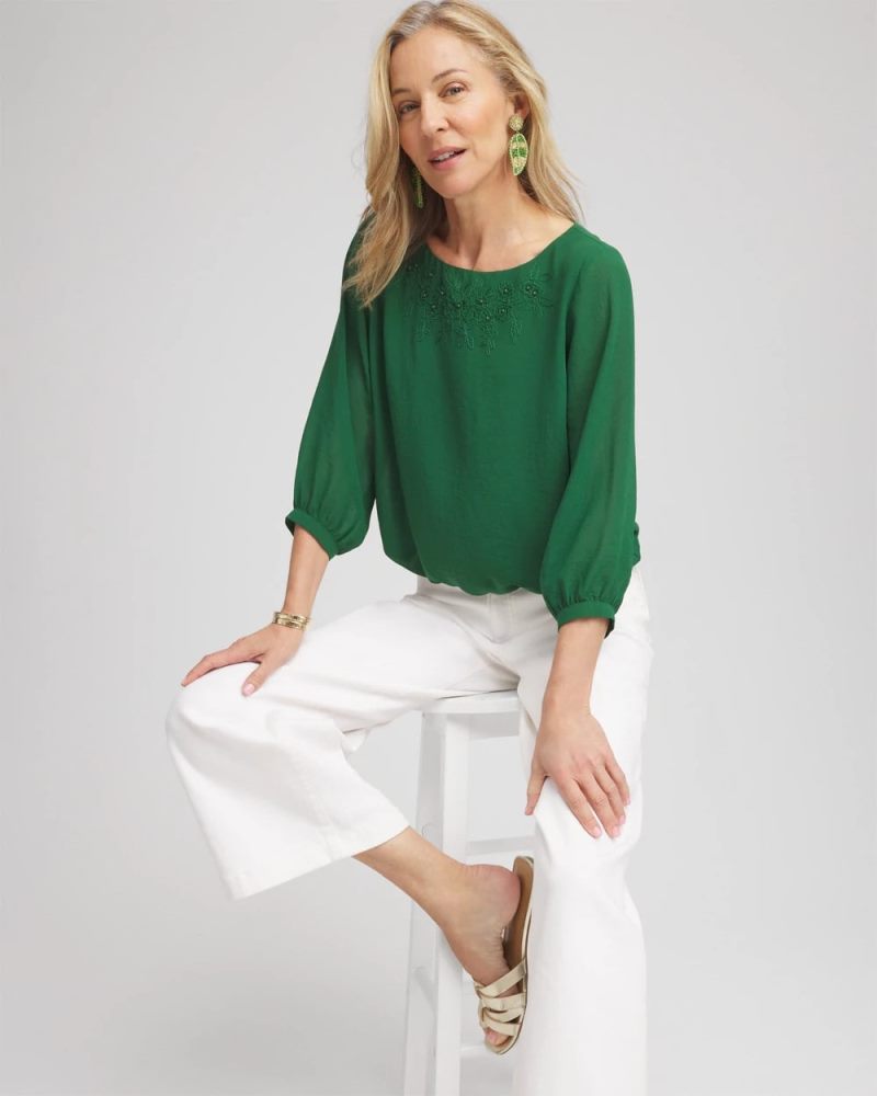 Chicos Embroidered Crinkle Chiffon Blouse - PALM LEAF