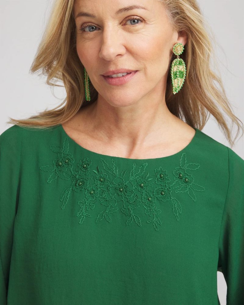 Chicos Embroidered Crinkle Chiffon Blouse - PALM LEAF