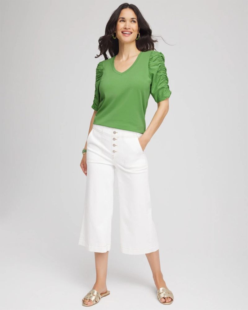 Chicos Ruched Sleeve V-Neck Tee - SALTED LIME
