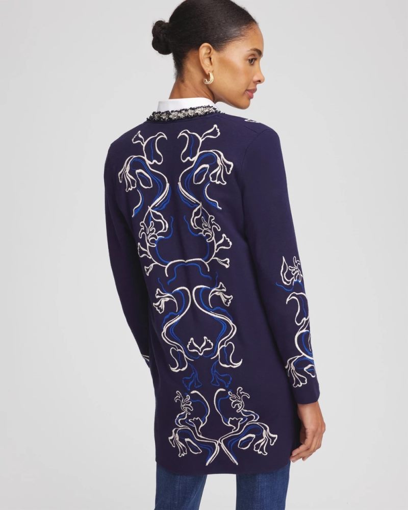 Chicos Open-Front Embroidered Cardigan - PASSPORT BLUE