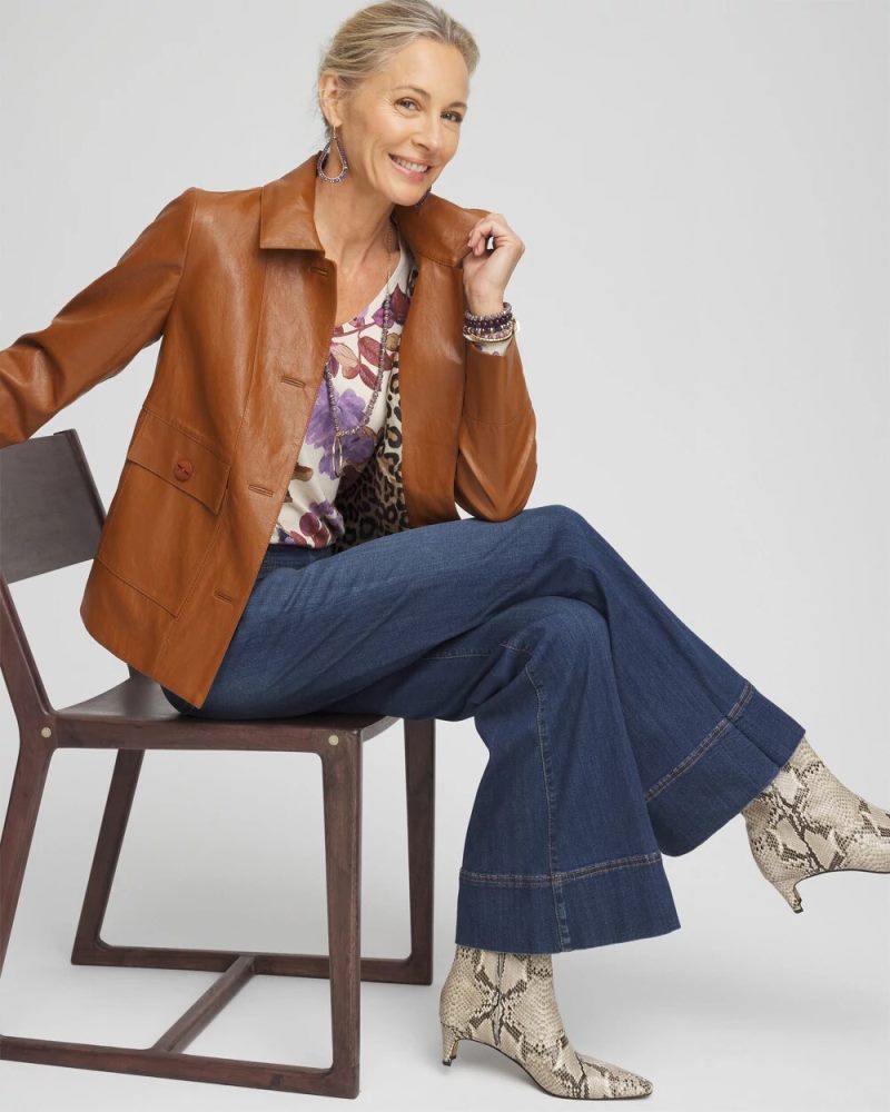 Chicos Faux Leather Cropped Jacket - CINNAMON STICK
