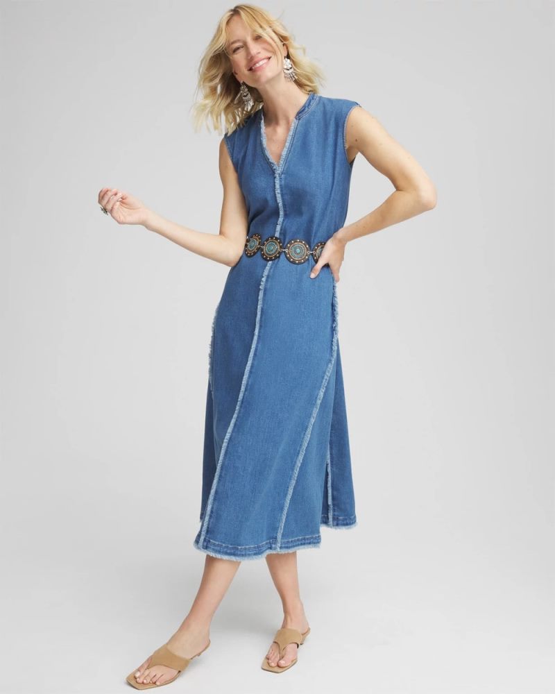Chicos Frayed Denim Maxi Dress - BAILEY INDIGO