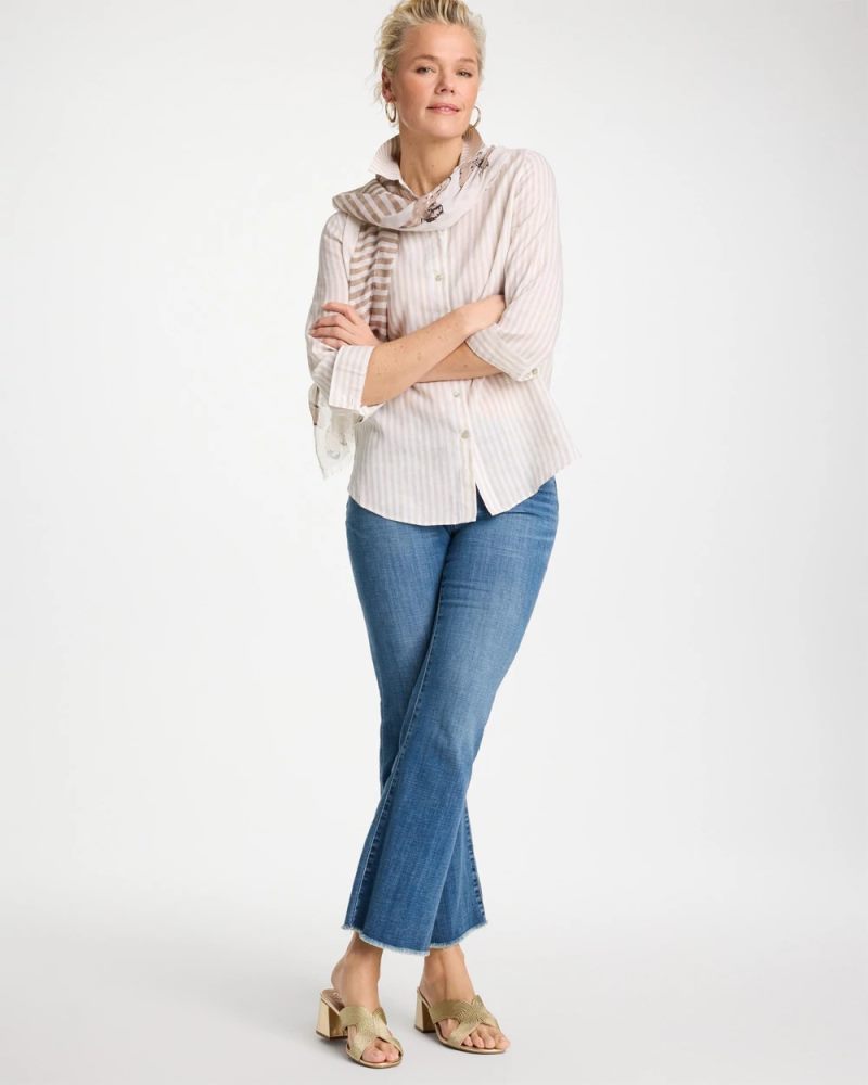 Chicos No Iron Striped Linen Shirt - OATMEAL