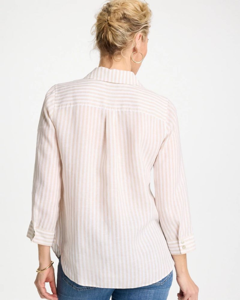 Chicos No Iron Striped Linen Shirt - OATMEAL