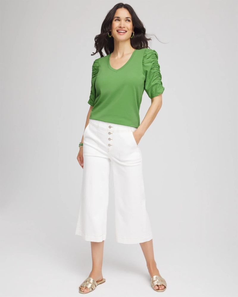 Chicos Ruched Sleeve V-Neck Tee - SALTED LIME