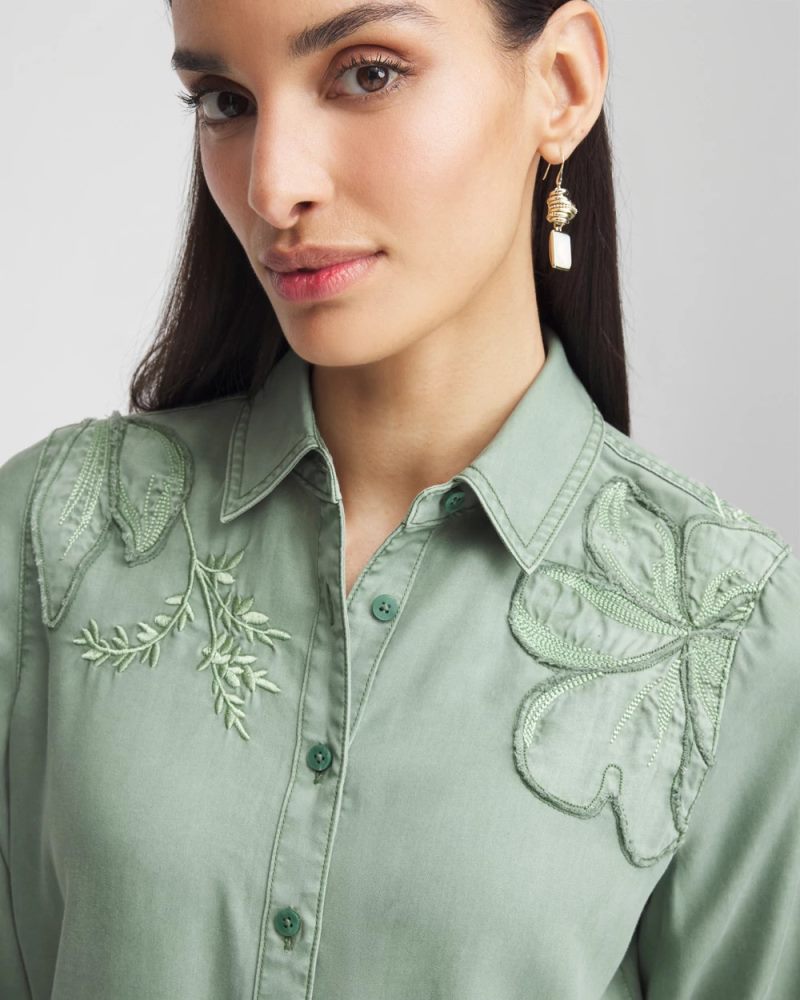 Chicos Embellished Lyocell Tencel™ Collared Shirt - MINERAL GREEN
