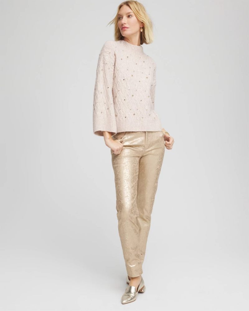 Chicos Sequined Cable Knit Sweater - BIRCH BARK HEATHER