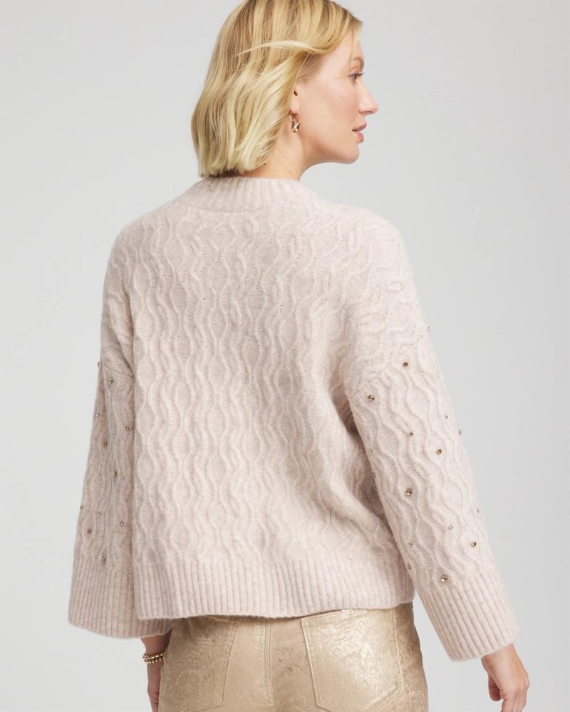 Chicos Sequined Cable Knit Sweater - BIRCH BARK HEATHER