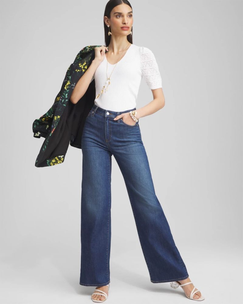 Chicos Pointelle Sleeve Pullover - ALABASTER