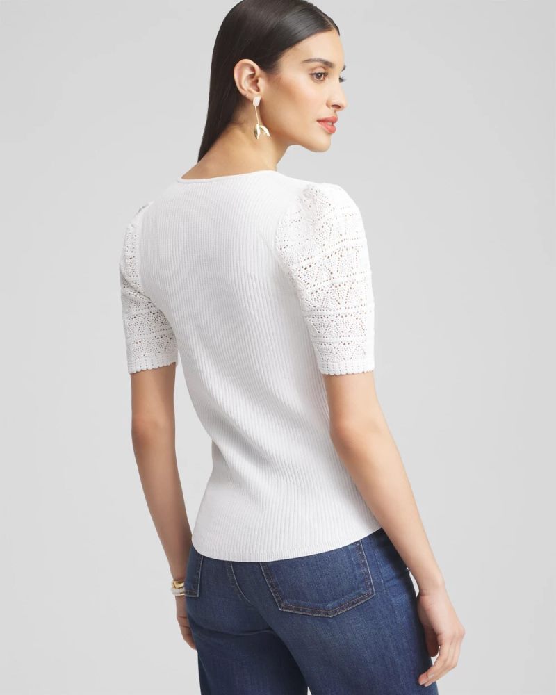 Chicos Pointelle Sleeve Pullover - ALABASTER