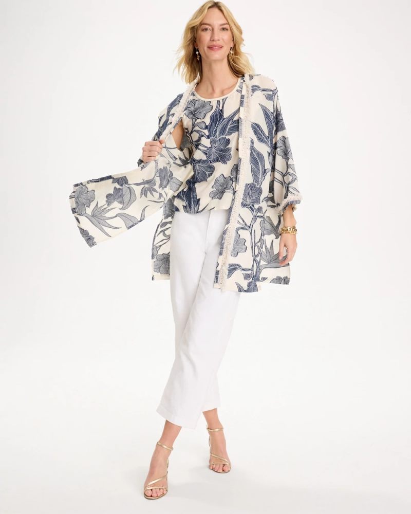 Chicos Cotton Jacquard Fringed Kimono - BLUE