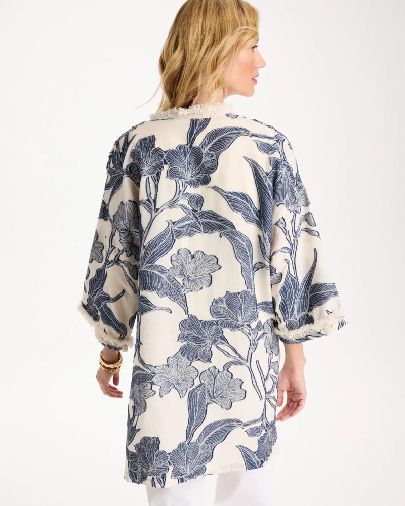 Chicos Cotton Jacquard Fringed Kimono - BLUE