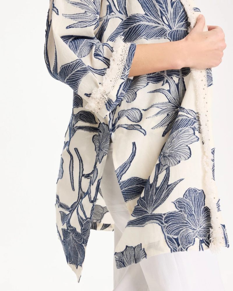 Chicos Cotton Jacquard Fringed Kimono - BLUE