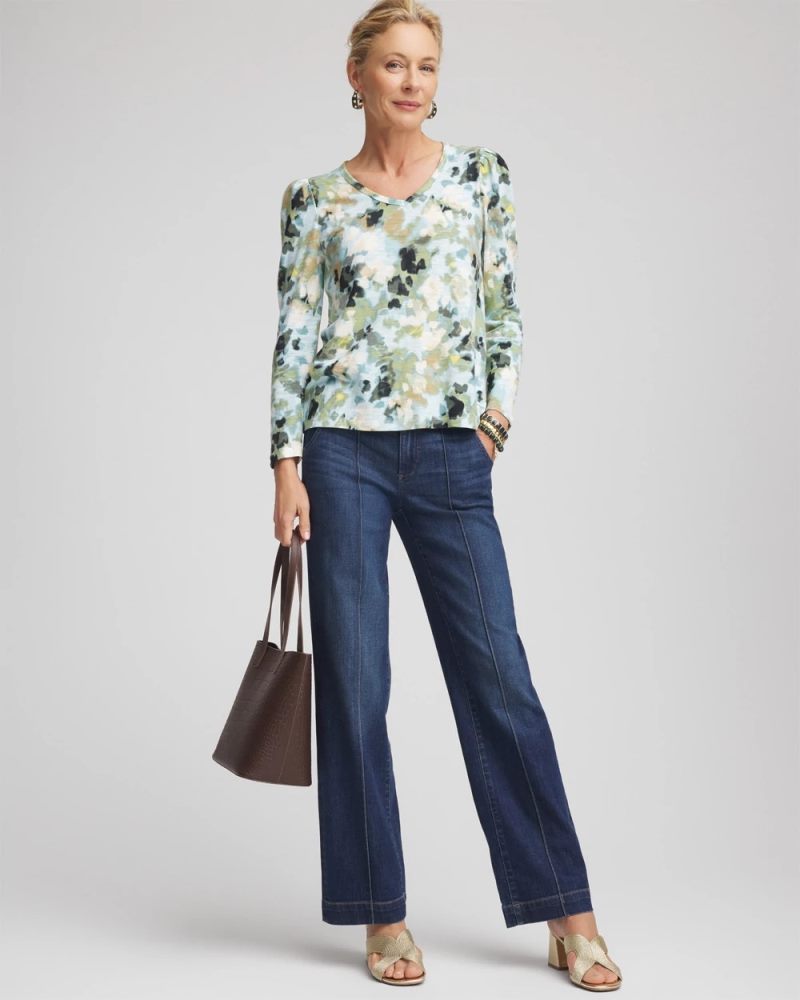 Chicos Printed Slub Puff-Sleeve Tee - BLUE MENTHE