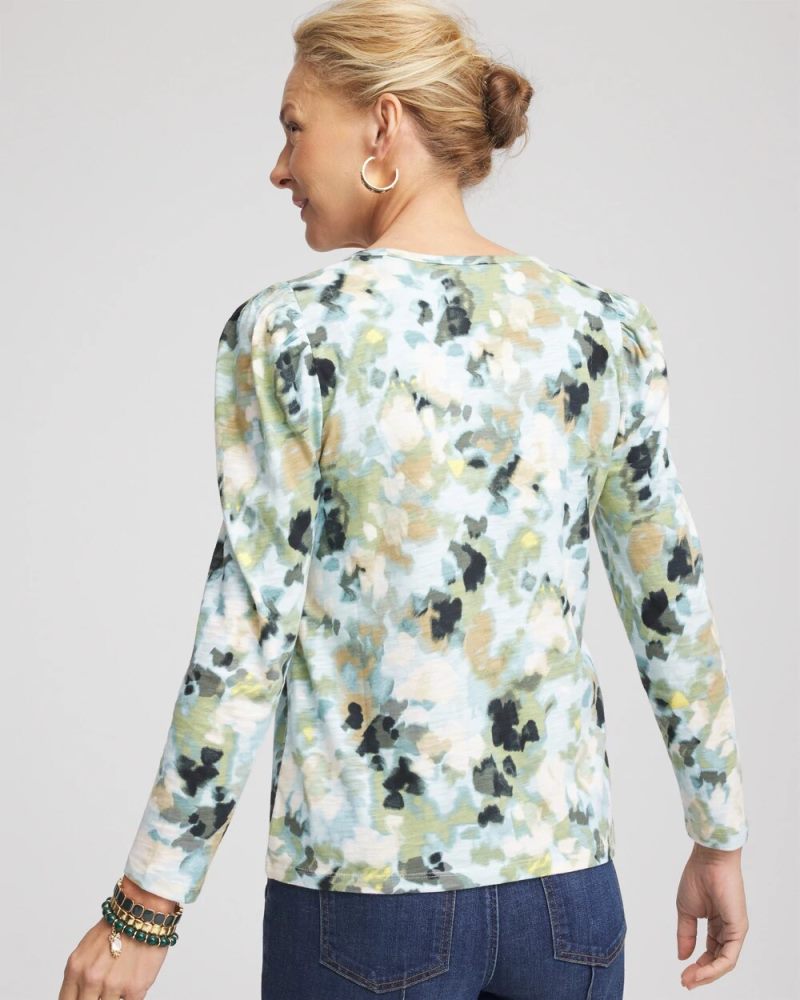 Chicos Printed Slub Puff-Sleeve Tee - BLUE MENTHE