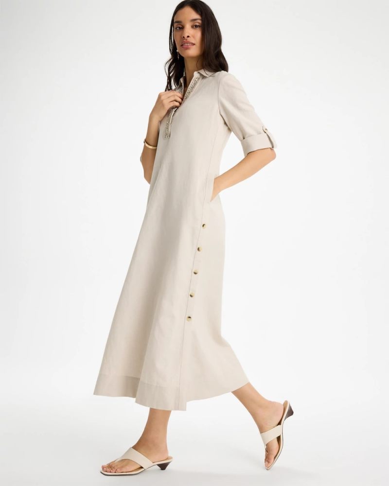 Chicos Embellished Linen Dress - RIVER ROCK