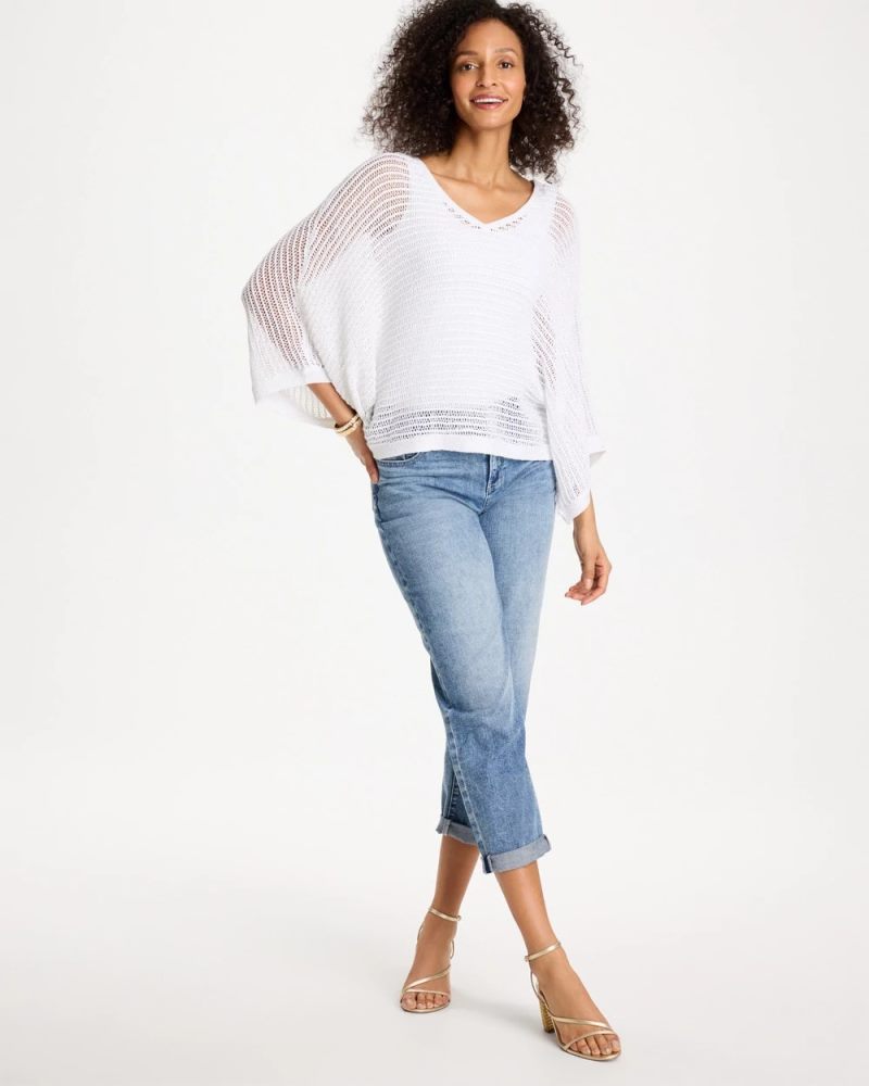 Chicos V-Neck Metallic Knit Poncho - ALABASTER