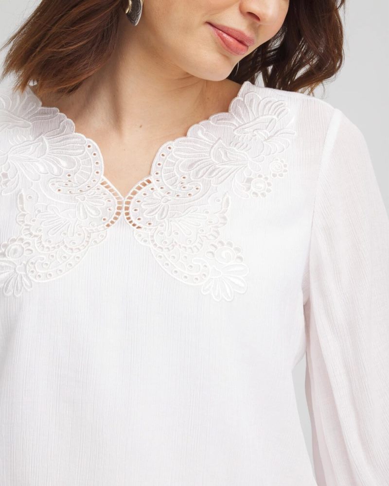 Chicos Embroidered Cutout Blouse - ALABASTER