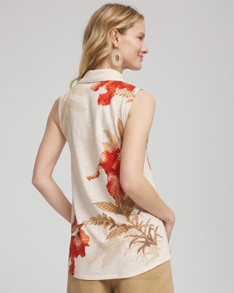 Chicos Floral Slub Sleeveless Collared Tunic - GLISTENING SAND