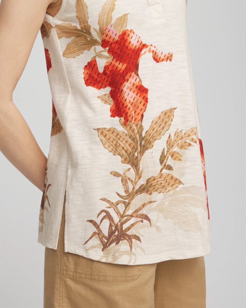 Chicos Floral Slub Sleeveless Collared Tunic - GLISTENING SAND