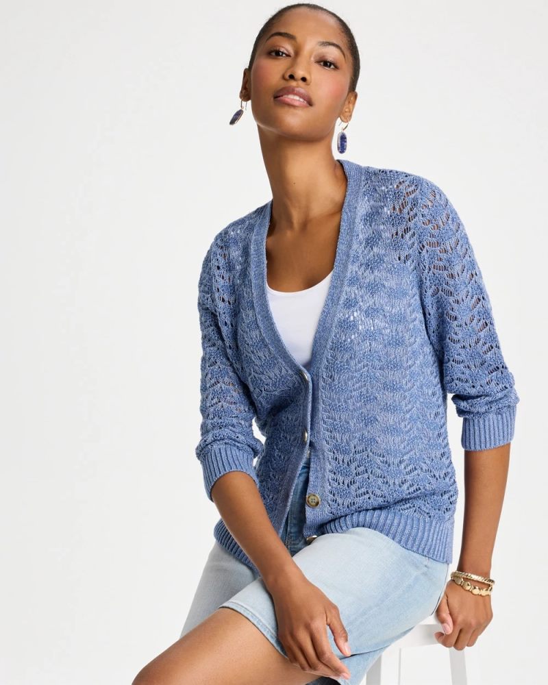 Chicos Crochet Knit Pointelle Cardigan - DENIM