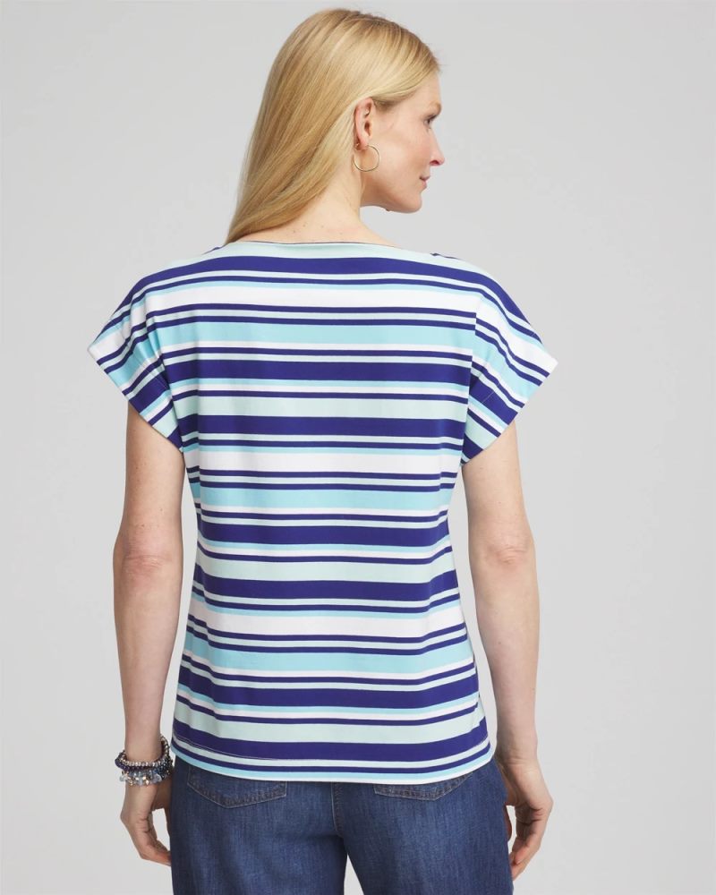 Chicos Stripe Modern Cap Sleeve Tee - PARADISO BLUE