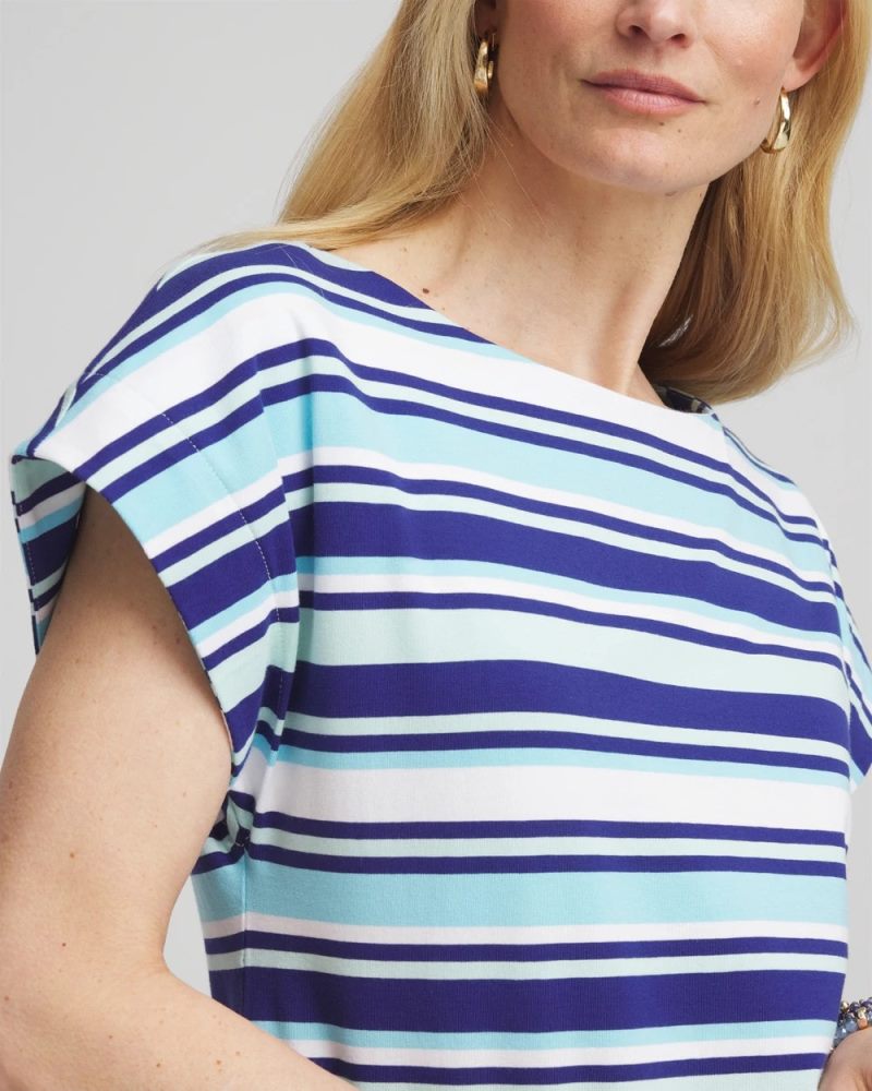 Chicos Stripe Modern Cap Sleeve Tee - PARADISO BLUE