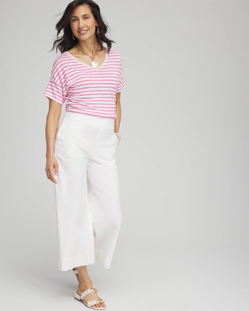 Chicos Pink Stripe Sweater Trim Linen Tee - DELIGHTFUL PINK