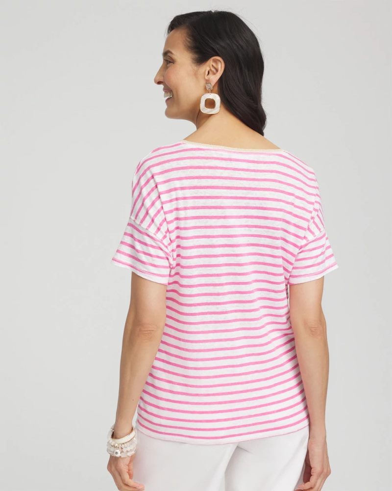 Chicos Pink Stripe Sweater Trim Linen Tee - DELIGHTFUL PINK
