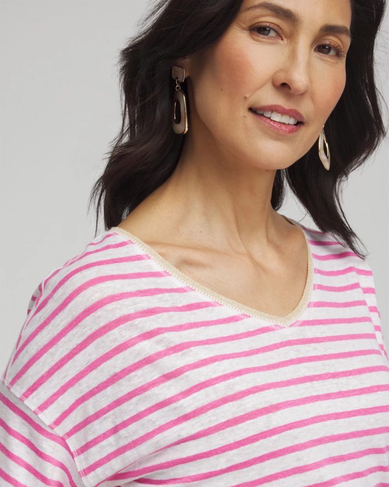 Chicos Pink Stripe Sweater Trim Linen Tee - DELIGHTFUL PINK