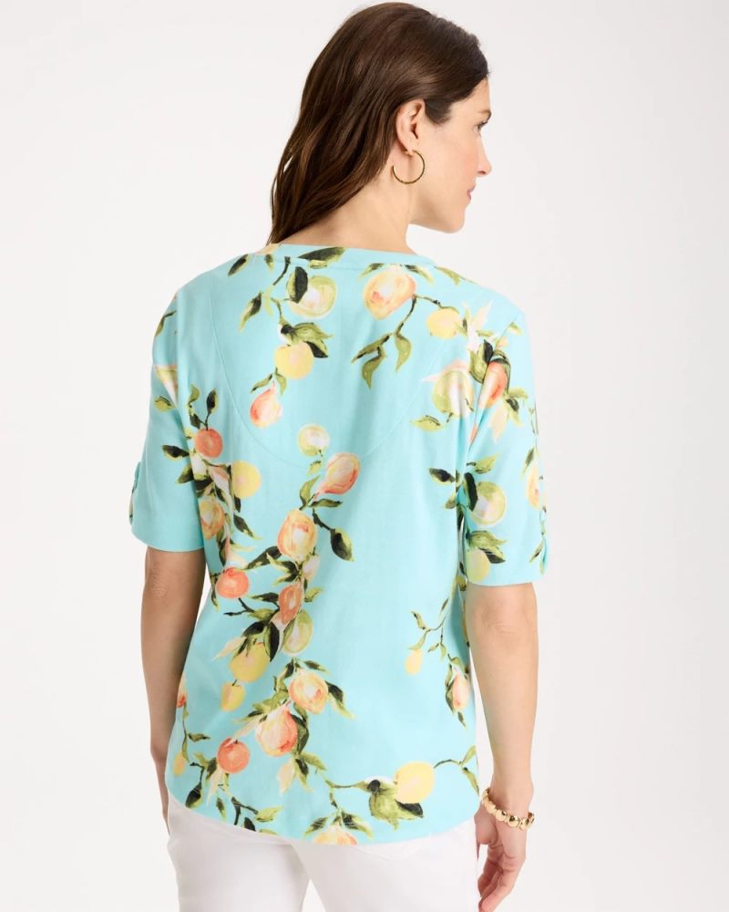 Chicos Pima Printed Elbow-Sleeve Tee - BONDI BLUE