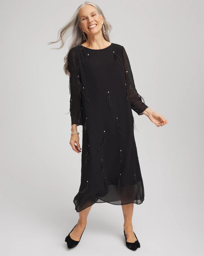 Chicos Feathered Georgette Popover Dress - BLACK