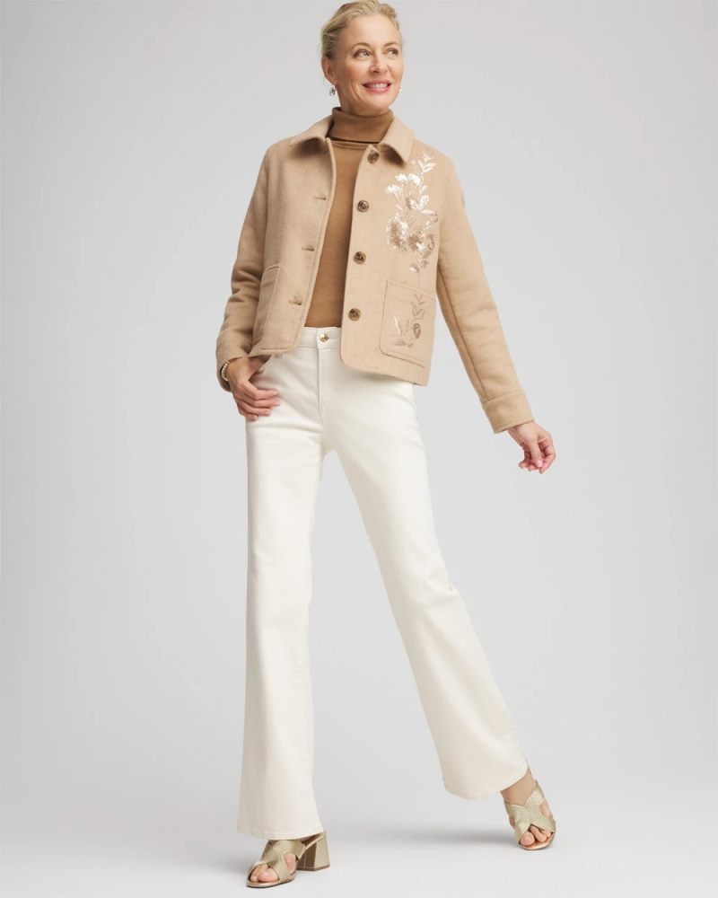 Chicos Embroidered Wool Chore Jacket - LIGHT TAUPE HEATHER