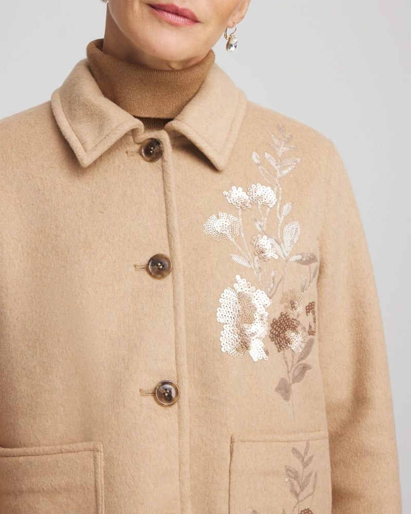 Chicos Embroidered Wool Chore Jacket - LIGHT TAUPE HEATHER