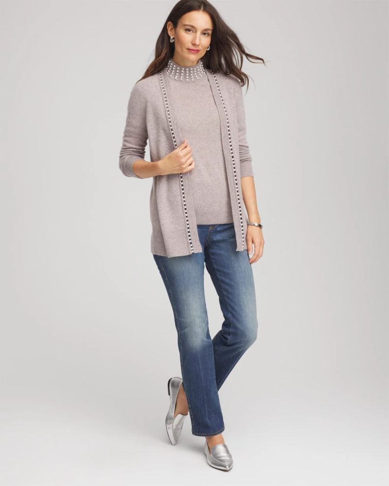 Chicos Cashmere Pearl Mockneck Sweater - TAUPE HEATHER