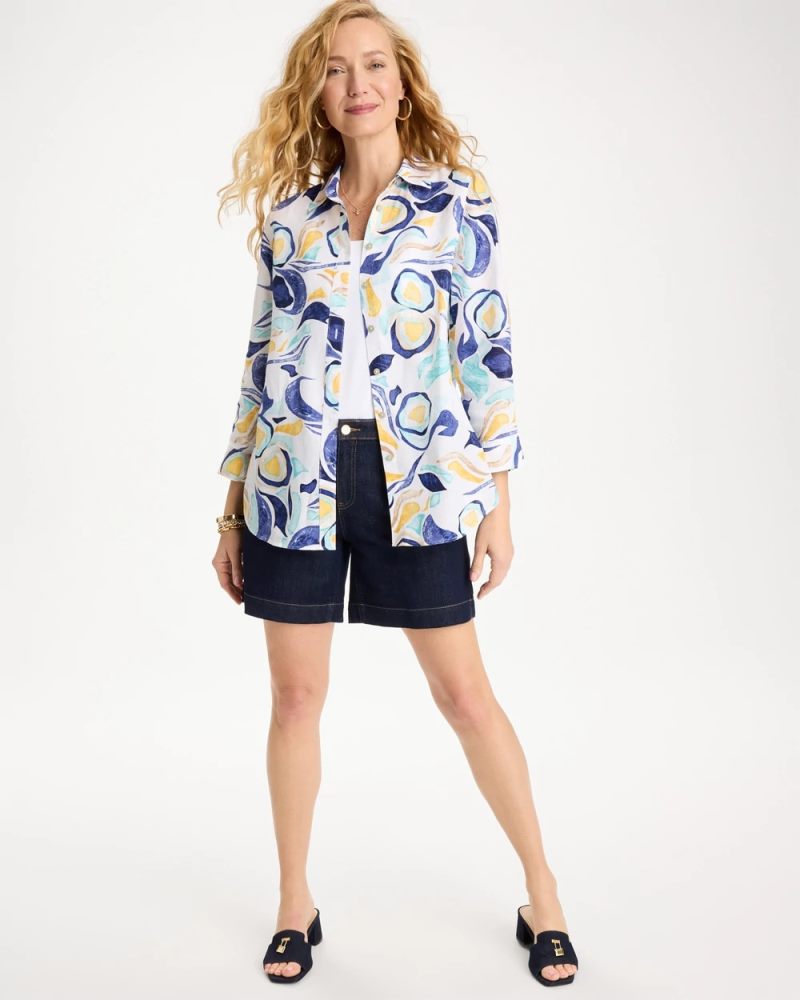 Chicos No Iron Linen Handpainted Print Shirt - PASSPORT BLUE